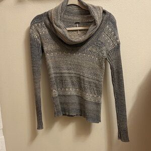 Free People Gray and Cream Cowl Neck Sweater